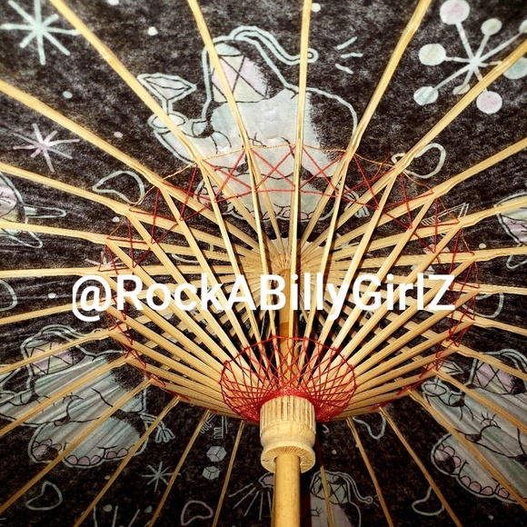 Sourpuss 32" Retro Pink Teal Elephants Martini Glass Paper Parasol Bamboo Handle - Picture 5 of 8